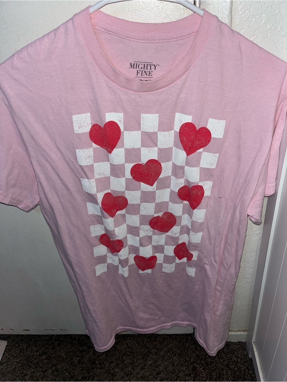 Mighty Fine Pink Tee with White Checkerboard and Red Hearts